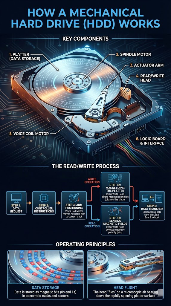 Diagram showing how a mechanical hard drive works