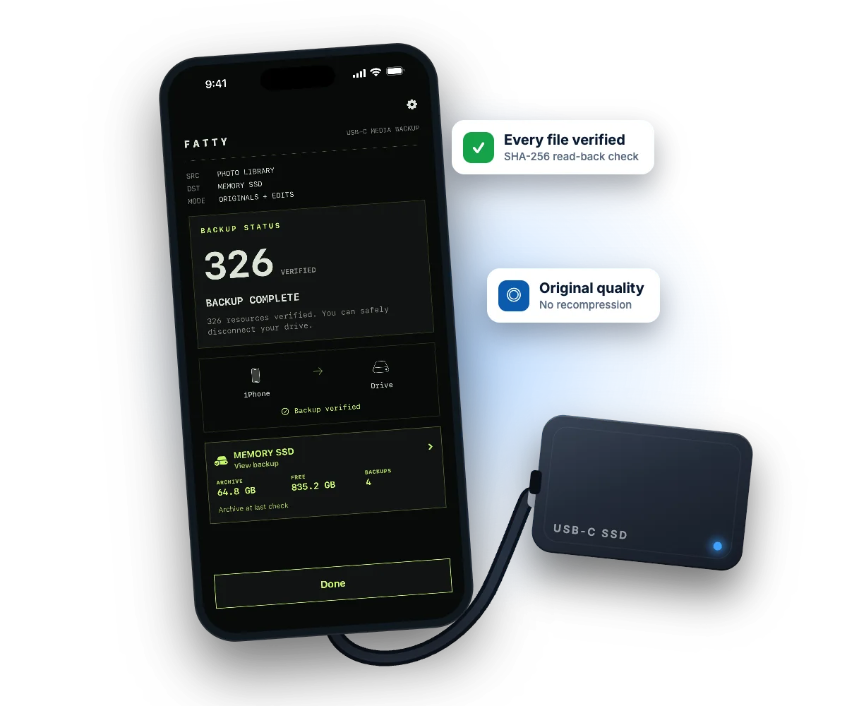 Fatty on iPhone showing a completed, verified backup to a USB-C SSD