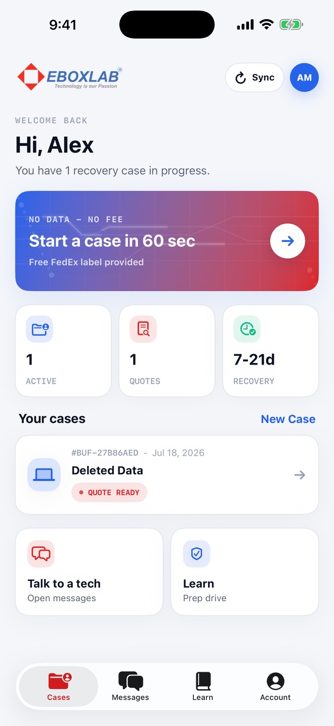Denver Data Recovery iPhone app case dashboard