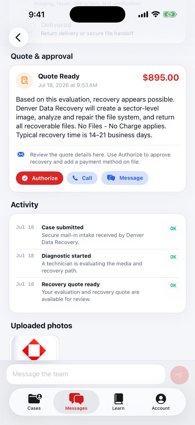 Recovery quote and case activity in the Denver Data Recovery iPhone app